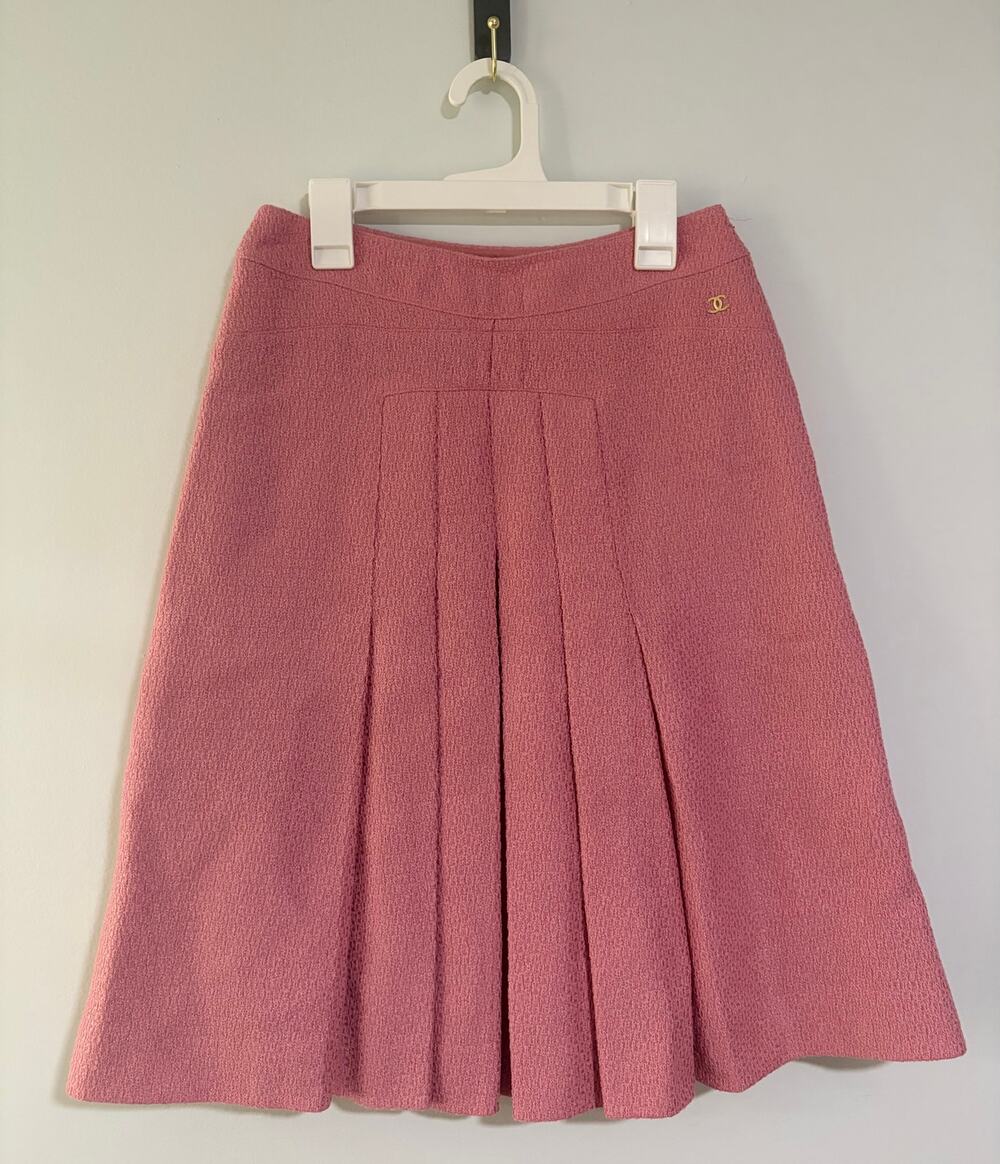CHANEL 01A Pink Tweed Pleated A-Line Skirt FR 36 Wool Silk Lined Authentic